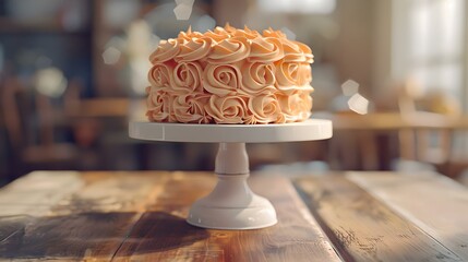 Poster - Elegant frosted cake on a stand with artistic decoration, perfect for celebrations and parties. captured in soft light, ideal for design use. AI