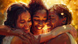 A group of diverse women in a joyful hug, with smiles and laughter. International Women's Day