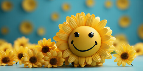 Wall Mural - Smiling yellow 3D flower on a blue background