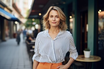 Wall Mural - Portrait of a young businesswoman standing in a street cafe.