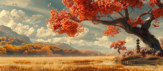 Wall Mural - A painting depicting a grand tree towering over a vast field. The trees branches reach outwards, dominating the landscape, while the field stretches into the distance under a clear sky.