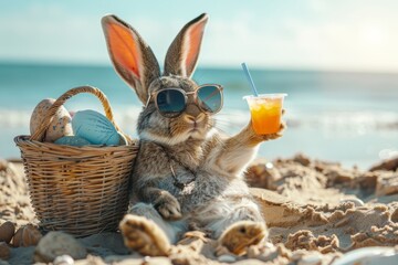 Wall Mural - Cool Easter bunny on vacation on the beach with a cocktail.