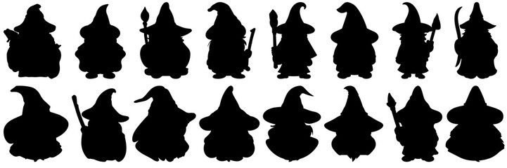 Wizard silhouettes set, large pack of vector silhouette design, isolated white background