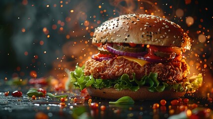 Wall Mural - fresh crispy fried chicken burger sandwich with flying ingredients and spices hot ready to serve and eat food commercial advertisement menu banner with copy space area