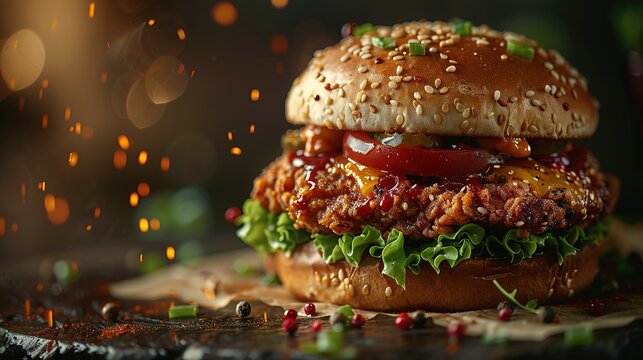 fresh crispy fried chicken burger sandwich with flying ingredients and spices hot ready to serve and eat food commercial advertisement menu banner with copy space area
