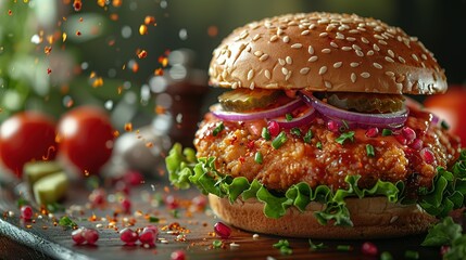 Wall Mural - fresh crispy fried chicken burger sandwich with flying ingredients and spices hot ready to serve and eat food commercial advertisement menu banner with copy space area