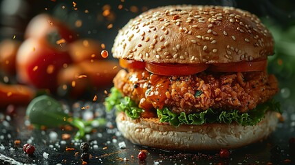 Wall Mural - fresh crispy fried chicken burger sandwich with flying ingredients and spices hot ready to serve and eat food commercial advertisement menu banner with copy space area