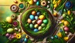 Easter nest with a variety of colorful eggs nestled inside, green easter grass, Preparing for Easter