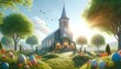 Easter Sunday: A church nestled among lush trees with easter eggs in the foreground, celebrating easter, easter holiday spirit