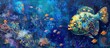 A painting depicting a yellow fugu fish swimming gracefully in the blue ocean water, surrounded by other marine life.