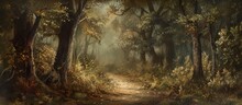 A Painting Depicting A Narrow Path Winding Through A Dense Forest. Thick Foliage And Tall Trees Line The Trail, Creating A Sense Of Depth And Mystery In The Scene.