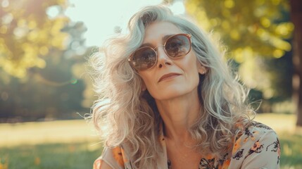 Poster - Mature woman with sunglasses at park generative ai