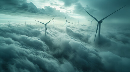 Wall Mural - Wind turbines rise through the clouds or thick fog