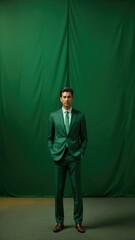 Wall Mural - A man in a green suit stands in front of a green curtain. Generative AI.