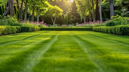 Background texture of a large public local park with green and healthy grass and with some trees and residential houses in the distance.