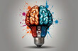 © Amila Vector - Unique caravel-shaped light bulb with brain inside, UHD watercolor splatter style. Bright colors perfect for t-shirt design. Brain with light bulb AI concept. SEO-friendly.