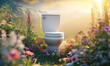  The toilet sits on an alpine mountain surrounded by alpine grasses. Alpine aroma bathroom air freshener creative concept.