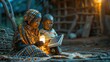 Create a raw and realistic photo of an African child reading a book with his young mother using a solar lamp in a modest African-style house, commercial picture