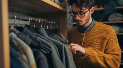 Wall Mural - man putting some sweaters in a closet generative ai