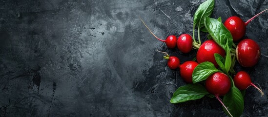 Canvas Print - A collection of ripe cherries with their green leaves, arranged neatly against a stark black background. The contrast between the bright red cherries and dark backdrop creates a visually striking