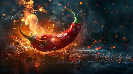 Red hot chili pepper on black background with flame