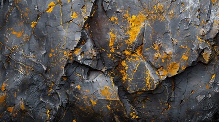 Aufkleber - Gray rough mountain surface with yellowbrown veins and cracks Closeup Rock texture Dark rusty stone background with copy space for design Wide banner Panoramic Grunge backdrop : Generative AI