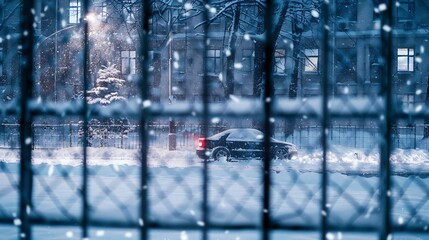 Poster - Car in winter in a frame of a metal fence grid under the snow in the city : Generative AI