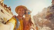 Happy couple of travelers taking selfie picture in rocky desert Young man and woman having fun on summer vacation Two friends enjoying summertime moment Life style and travel concept : Generative AI