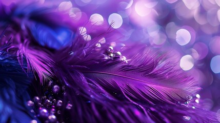 Leinwandbilder - Beautiful abstract celebratory background template for Christmas party festival Blue purple feather macro with sparkles tinsel stars beads Colorful elegant sophisticated artistic image : Generative AI