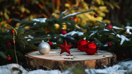 Poster - Festive Christmas composition of balls and red stars on wooden platform in forest outdoors framed by snowcovered fir branches with copy of space : Generative AI