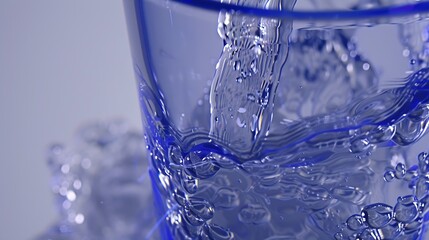 Poster - Beautiful texture of flow stream water closeup macro A stream of clean transparent water is poured into a blue glass beaker on a silvery background with drops : Generative AI