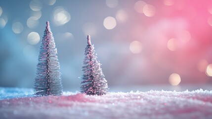Aufkleber - Winter christmas scenic background Two Silvery small Christmas tree on a blurred snowy defocused background in blue and pink tones with copy space : Generative AI