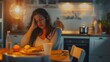 Young woman feeling nausea while seeing food at table in kitchen Toxicosis during pregnancy : Generative AI