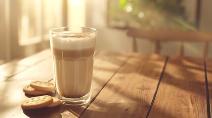 Aufkleber - hot creamy milk in coffee is served with cookies hot latte coffee drink in glass with cream milk on wooden table breakfast beverage morning concept : Generative AI
