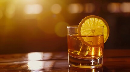 Poster - Glass of whiskey or or cognac or brendy on wooden table garnished with orangeClose up of alcoholic drink in dark mood : Generative AI