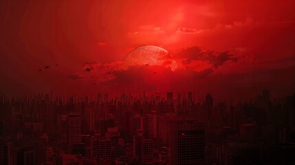 Poster - Red sunset over the city Black red abstract background Dramatic sky Dark red horror background Blood red sunset Armageddon : Generative AI