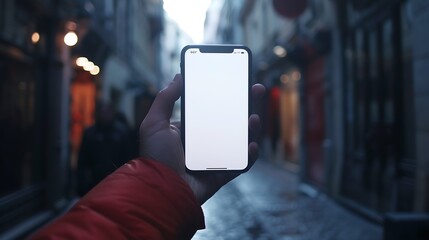 Aufkleber - Unfocused man hand showing to you a blank phone screen in the street : Generative AI