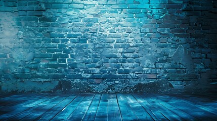 Fototapete - Blue grunge background Lighting effect on an old painted brick wall Blue brick wall with cracked paint Turquoise vintage background : Generative AI