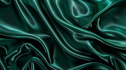 Poster - Dark emerald green silk satin Smooth silky fabric Luxury background with space for design Flat lay top view table Christmas : Generative AI