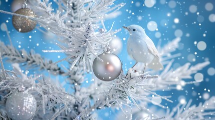 Aufkleber - White Christmas tree decorated with silver golden Christmas balls and beautiful blue bird good luck on sparkling and fabulous fairy blue evening sky with falling snow with beautiful bo : Generative AI