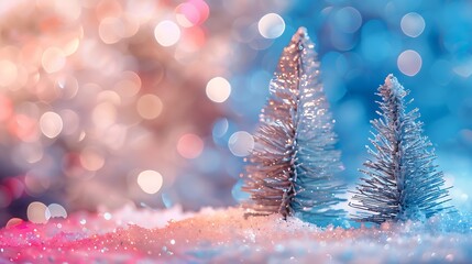 Aufkleber - Winter christmas scenic background Two Silvery small Christmas tree on a blurred snowy defocused background in blue and pink tones with copy space : Generative AI