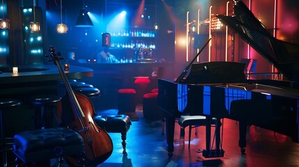 Modern jazz bar interior design stage with black piano and cello : Generative AI