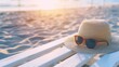 Hat and sunglasses lie on a white wooden lounger on a sandy beach in rays of sunlight Concept of beach vacations place template for text : Generative AI