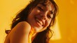 © Generative AI - Portrait of happy young woman smiling at camera isolated on bright yellow background : Generative AI