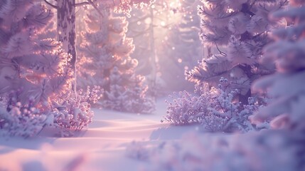 Poster - Beautiful fairy winter Trees and fir trees glow in the snowcovered forest park in the snow in the sunlight at dawn in pink tones Magnificent wonderful winter nature : Generative AI