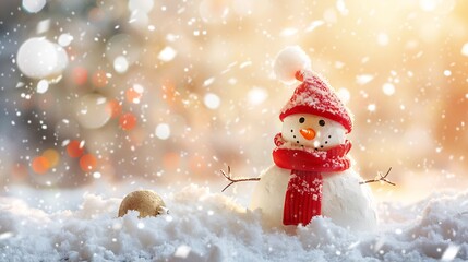 Aufkleber - Cheerful snowman of snowdrifts on snow outdoors on nature in sunny day with copy space flat lay Christmas snowy backdrop background : Generative AI