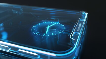 Aufkleber - Transparent smartphone with time icon on a dark blue background Futuristic transparent smartphone on a dark blue background Promising technologies in the mobile market : Generative AI