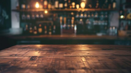 Poster - Empty wooden bar counter with defocused background and bottles of restaurant bar or cafeteria background for your product display : Generative AI