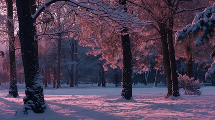 Poster - Beautiful fairy winter Trees and fir trees glow in the snowcovered forest park in the snow in the sunlight at dawn in pink tones Magnificent wonderful winter nature : Generative AI