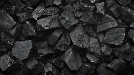 Fototapete - Black stone background Rock texture Fragment of the mountain surface Closeup Volumetric stone grunge background : Generative AI